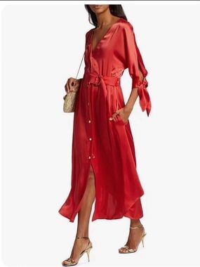 Ramy Brook Baldwin satin shirtdress grenadine red midi